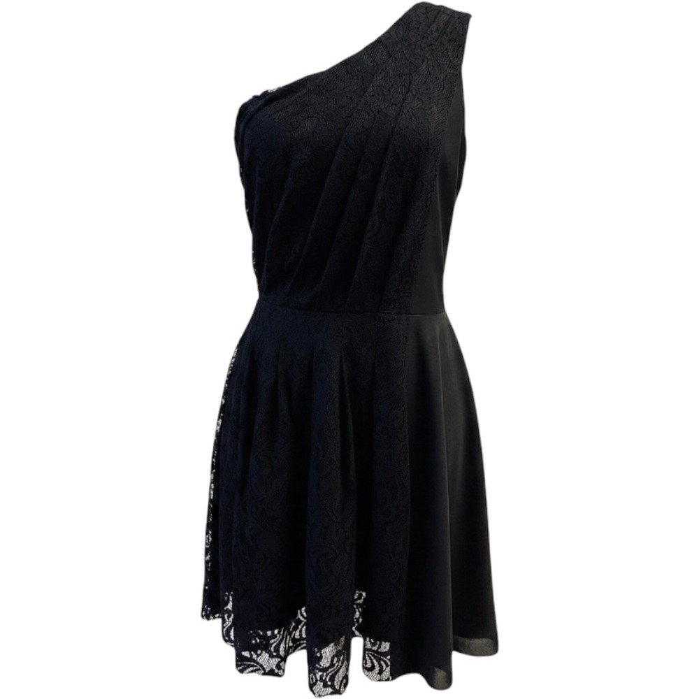 MM Couture by Miss Me Med Black LBD Lace One Shoulder Y2K 90s Fit Flare Cocktail